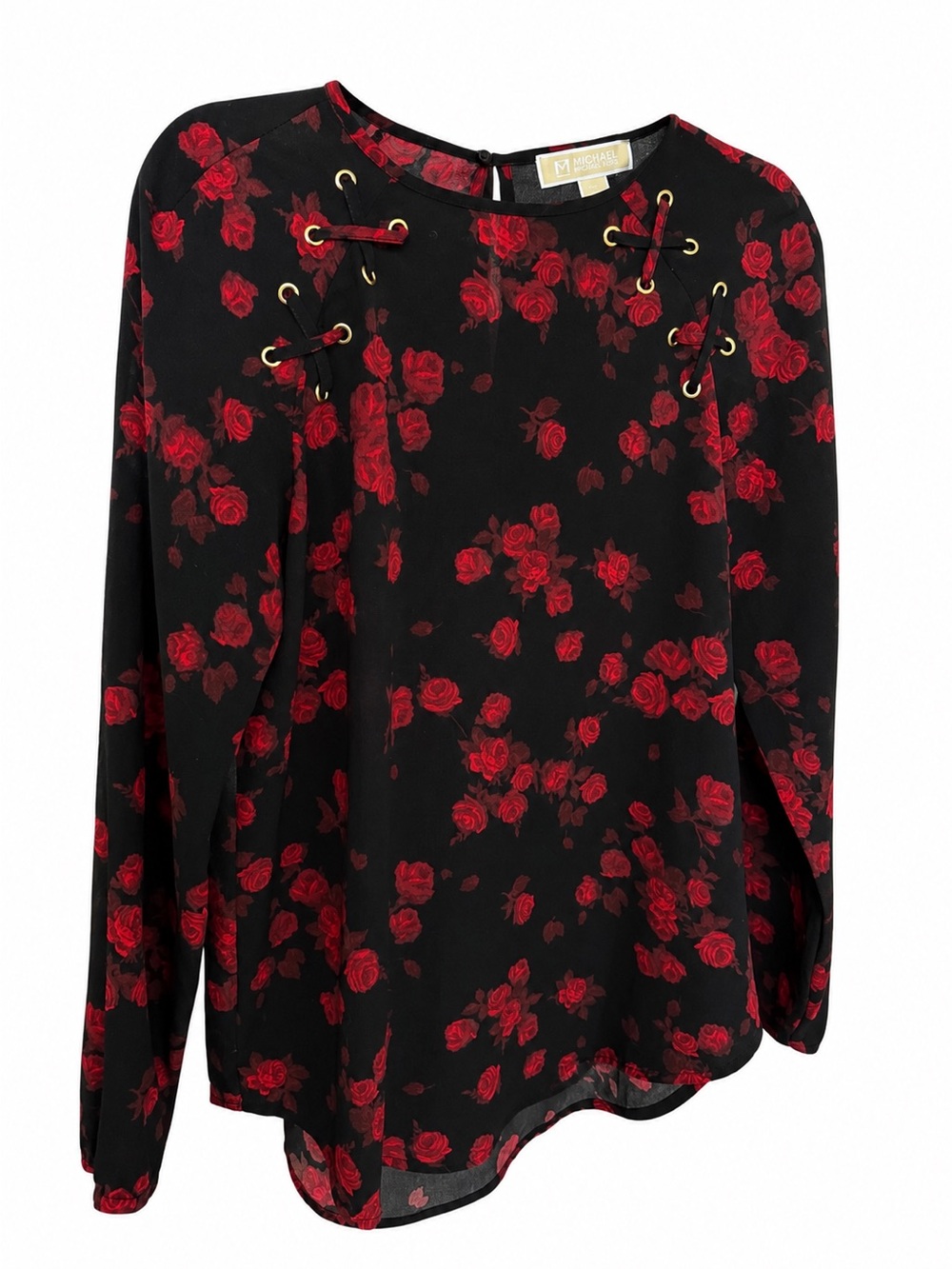 MICHAEL Michael Kors Red Rose Floral Print Grommet Lace-Up Long Sleeve Blouse XS